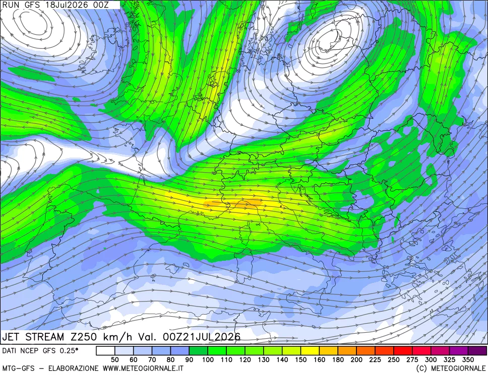 mappa 250 hPa Jet stream