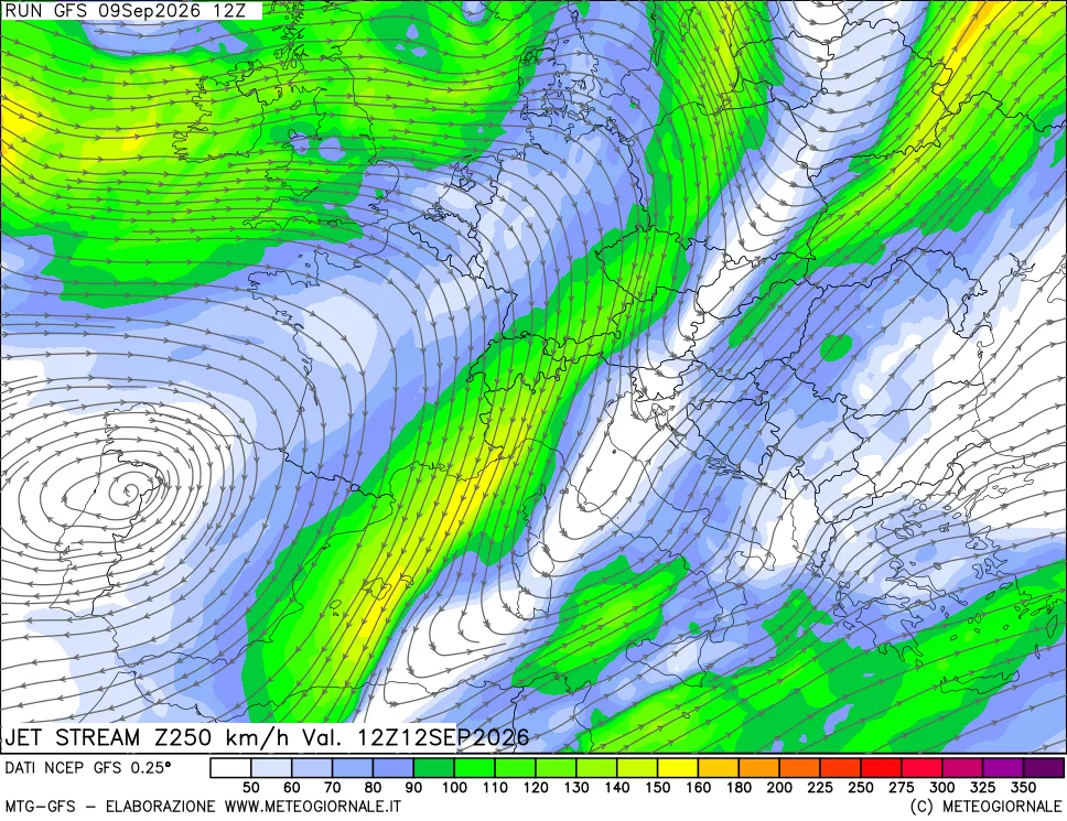 mappa 250 hPa Jet stream