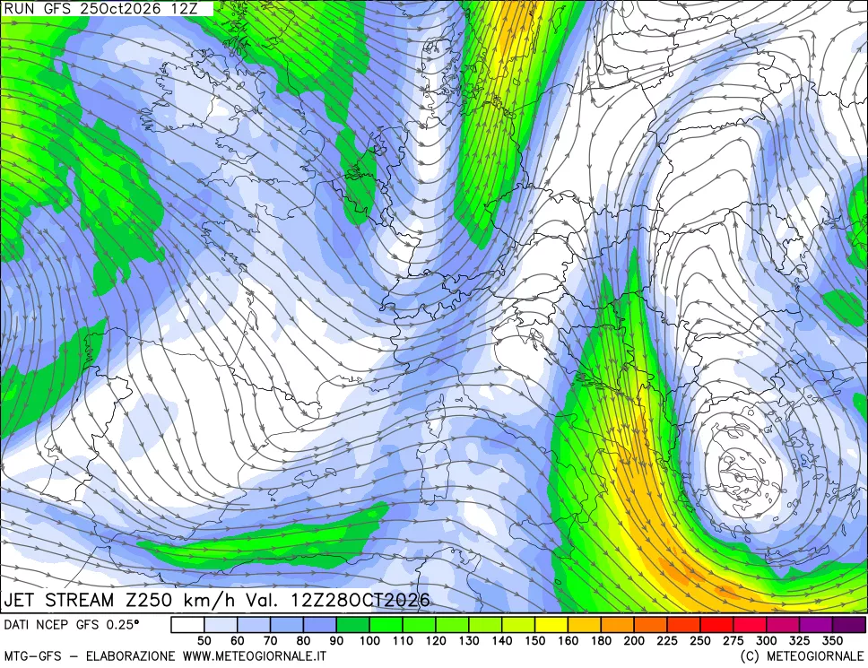 mappa 250 hPa Jet stream