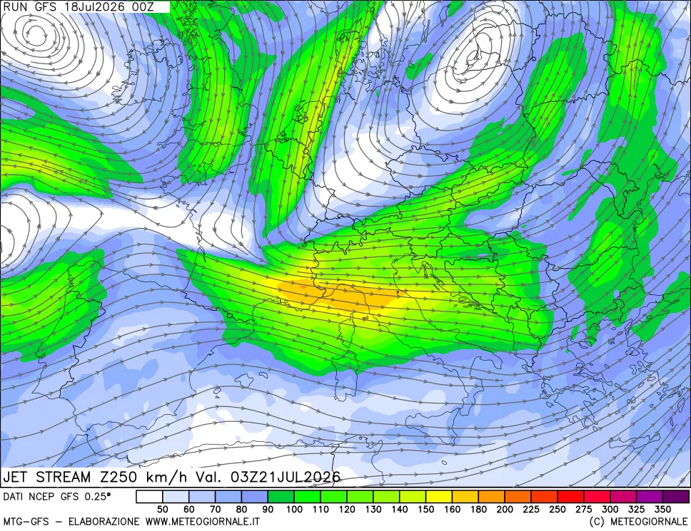 mappa 250 hPa Jet stream