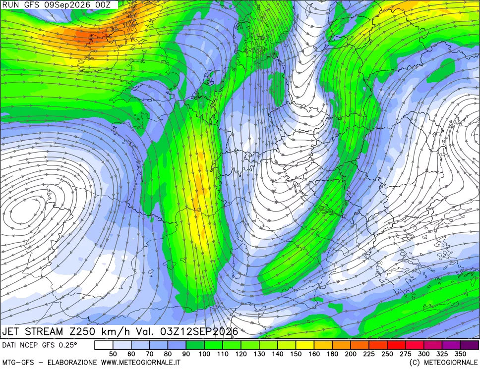 mappa 250 hPa Jet stream