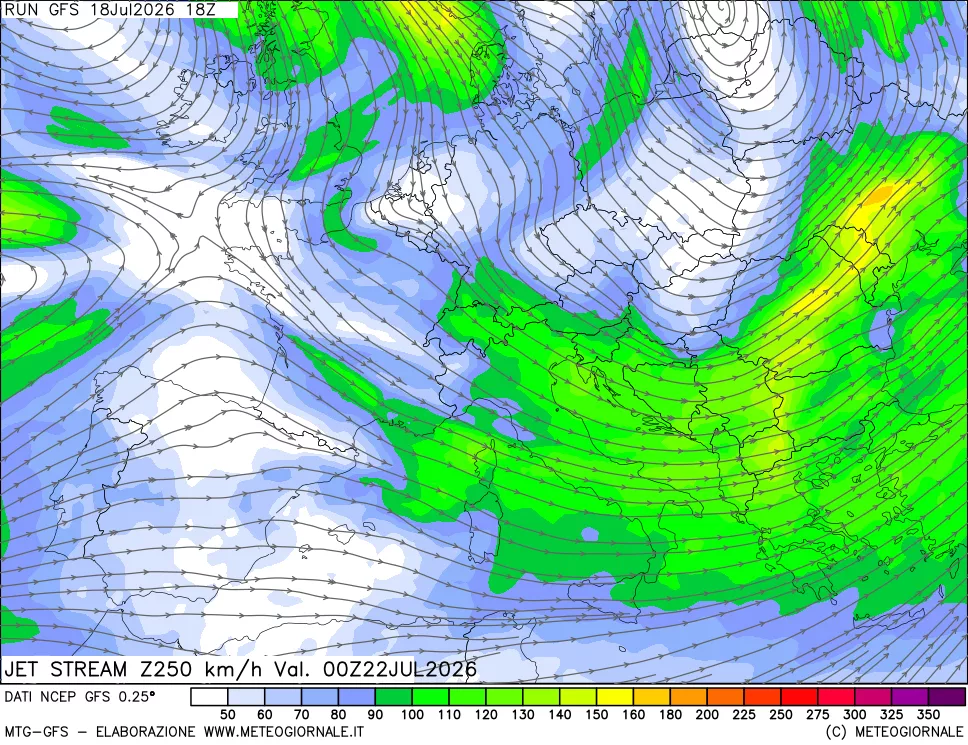 mappa 250 hPa Jet stream