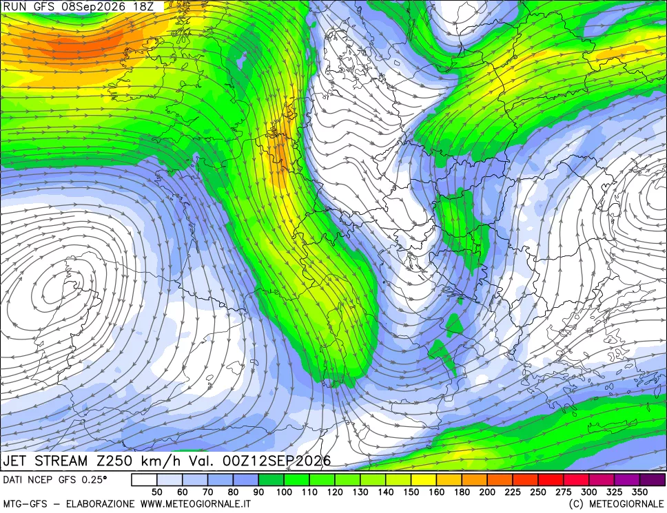 mappa 250 hPa Jet stream