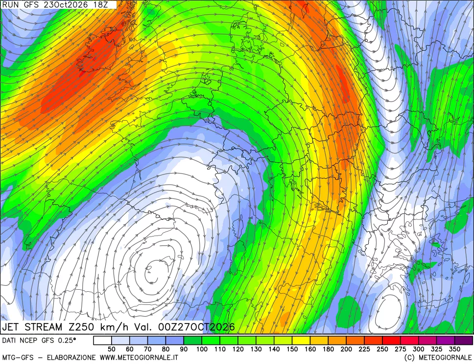 mappa 250 hPa Jet stream