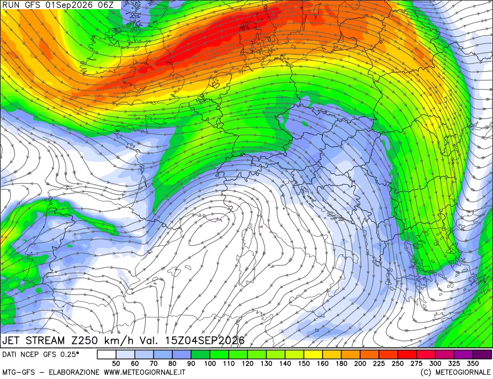 mappa 250 hPa Jet stream