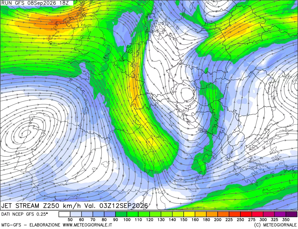 mappa 250 hPa Jet stream