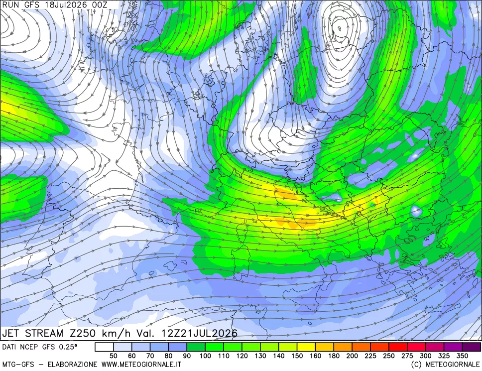 mappa 250 hPa Jet stream