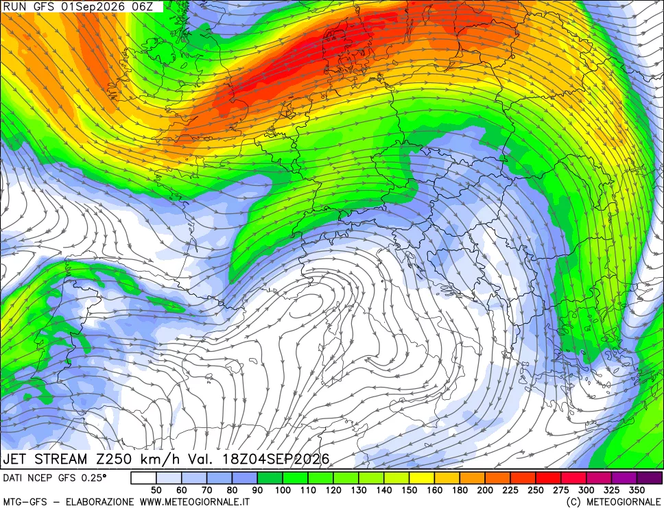 mappa 250 hPa Jet stream