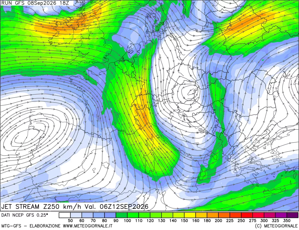 mappa 250 hPa Jet stream