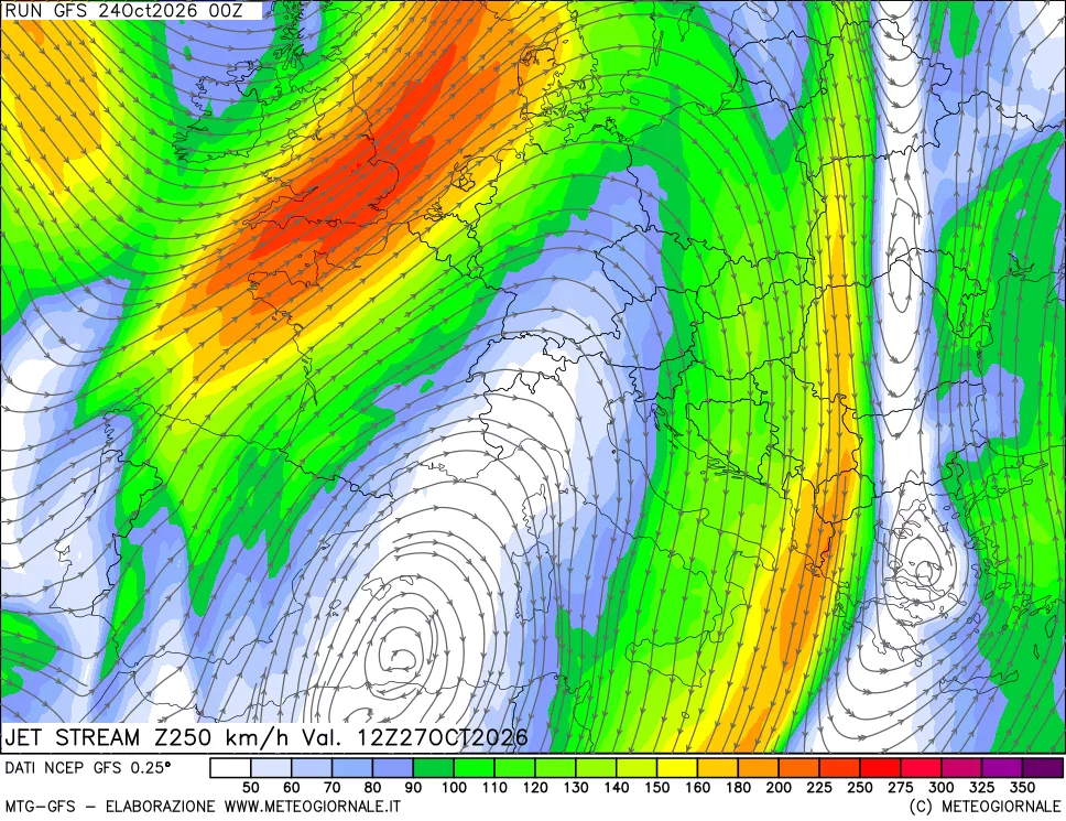 mappa 250 hPa Jet stream