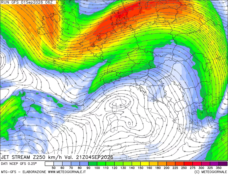 mappa 250 hPa Jet stream