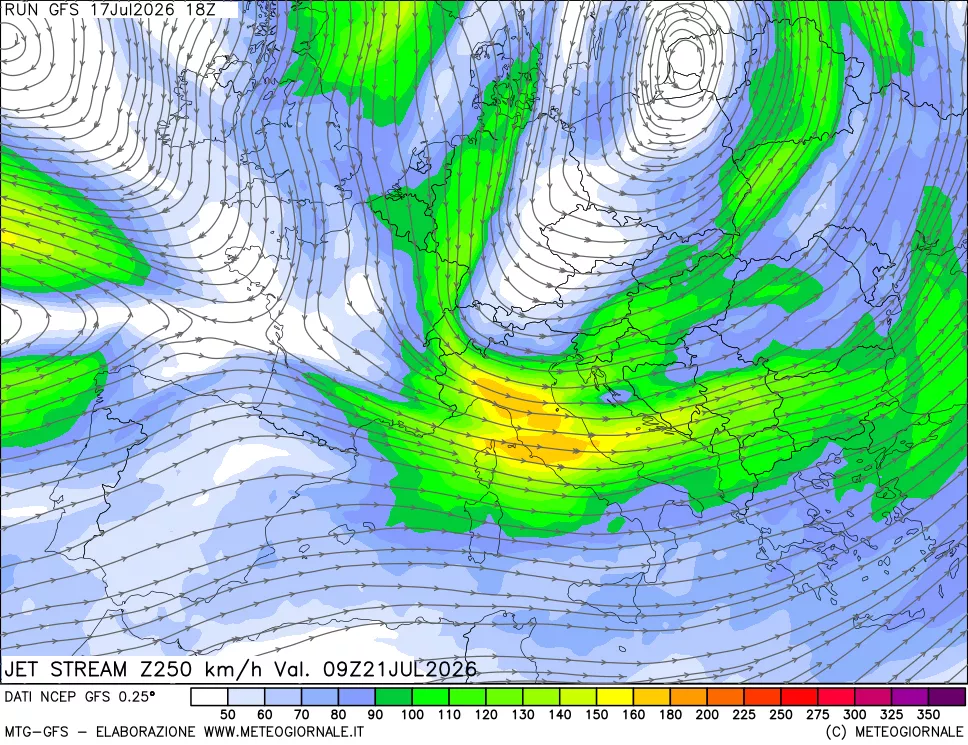 mappa 250 hPa Jet stream