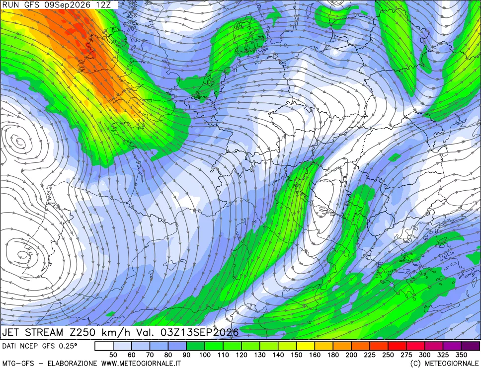 mappa 250 hPa Jet stream