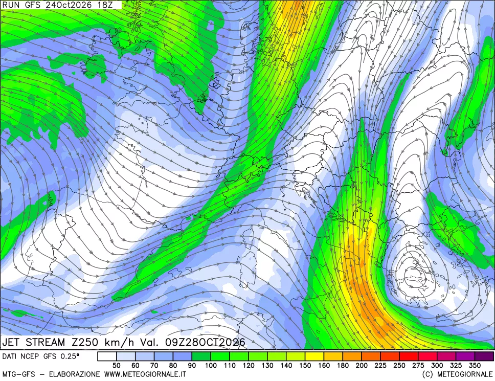 mappa 250 hPa Jet stream