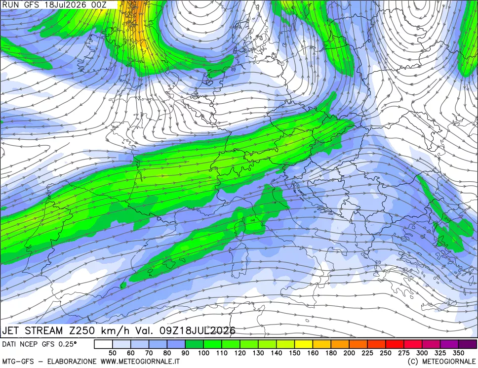 mappa 250 hPa Jet stream