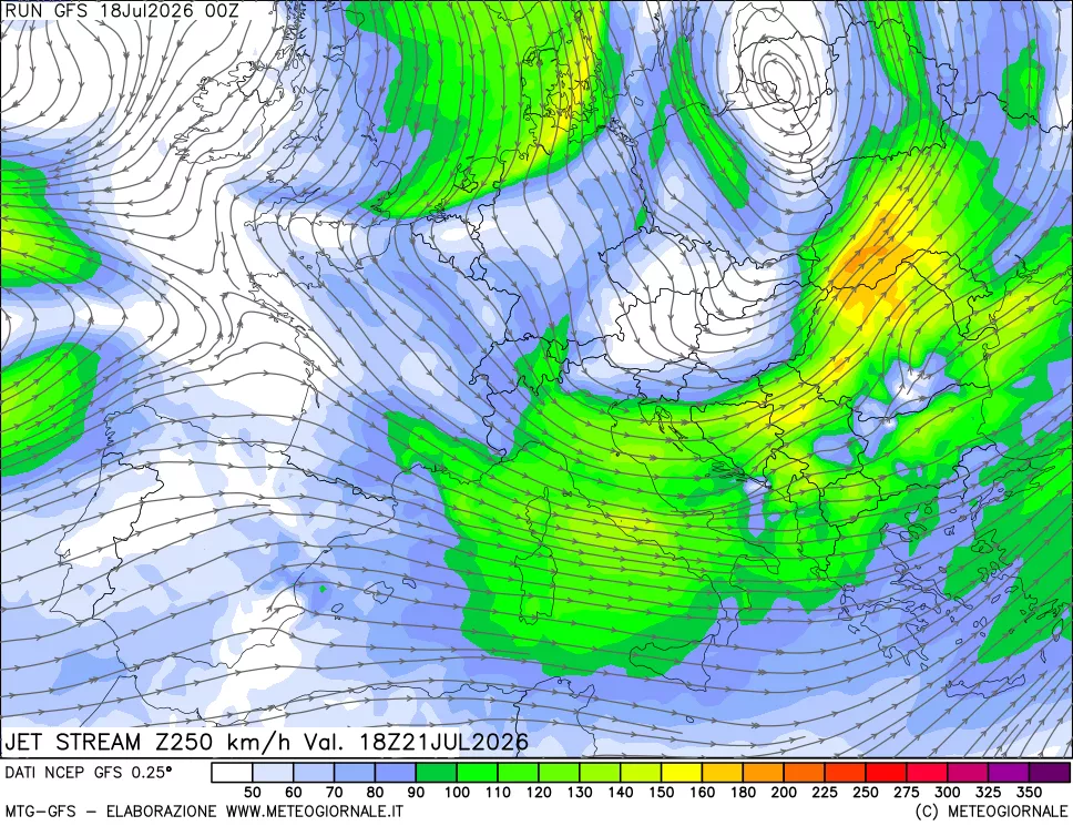 mappa 250 hPa Jet stream