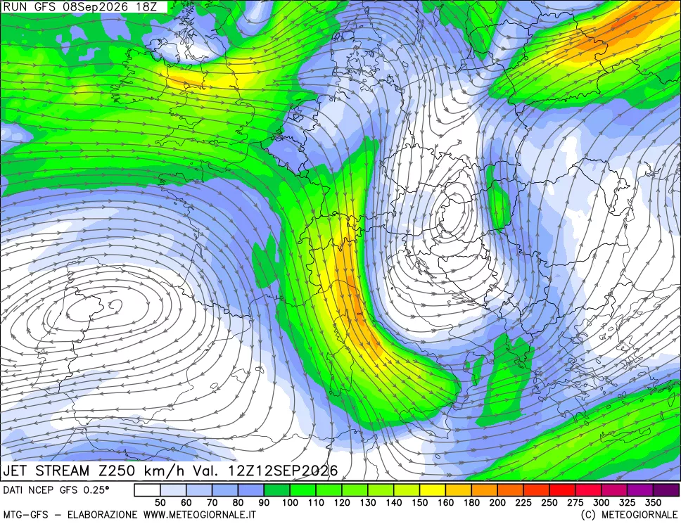 mappa 250 hPa Jet stream
