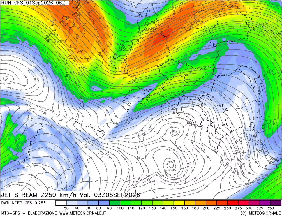mappa 250 hPa Jet stream
