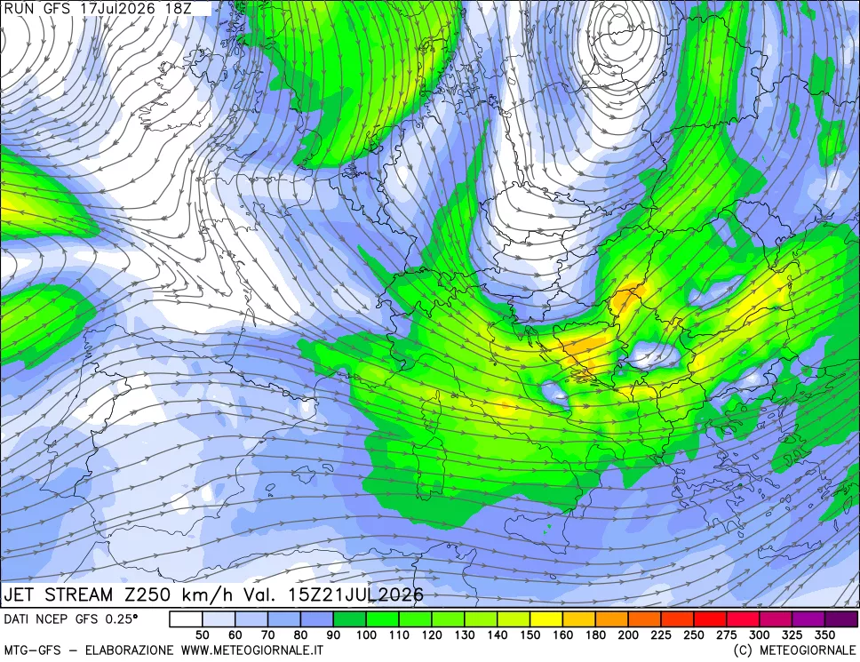mappa 250 hPa Jet stream