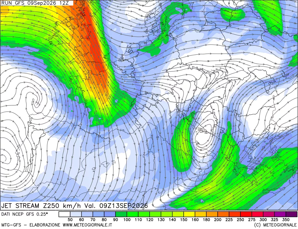 mappa 250 hPa Jet stream