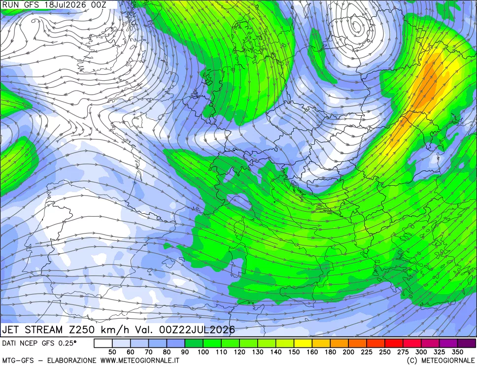 mappa 250 hPa Jet stream