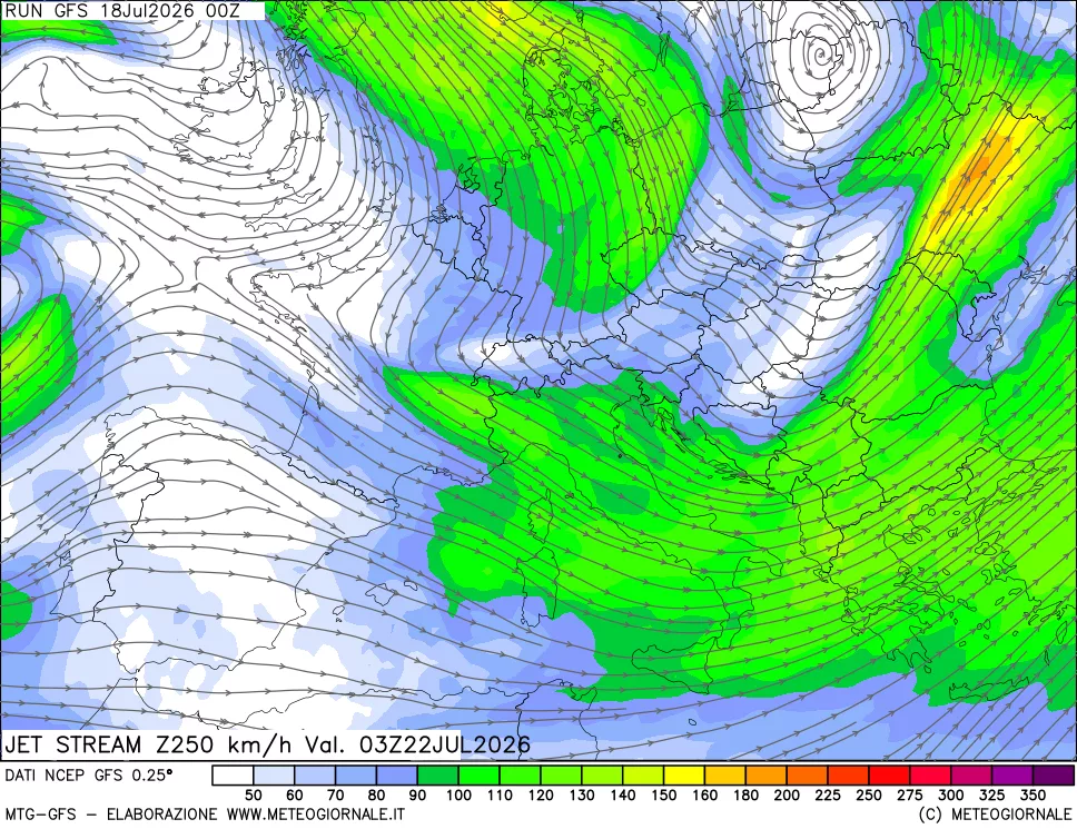 mappa 250 hPa Jet stream