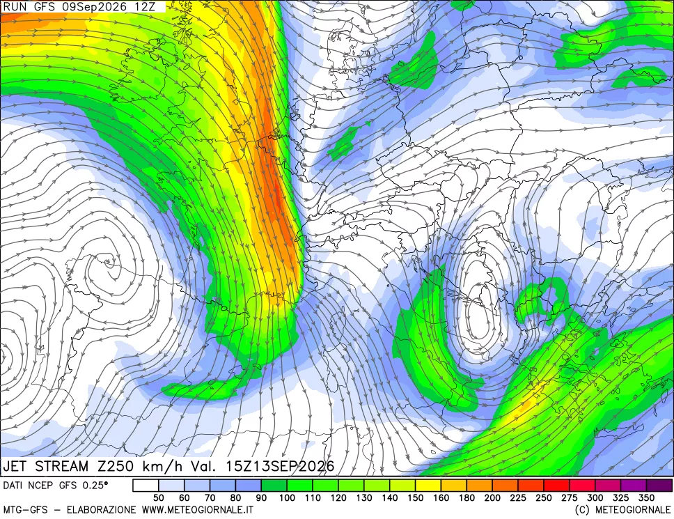 mappa 250 hPa Jet stream
