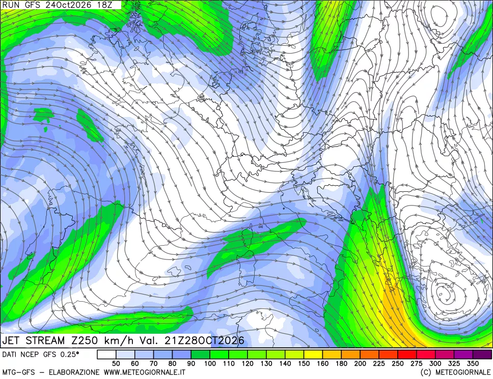 mappa 250 hPa Jet stream
