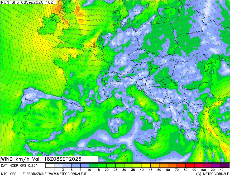 mappa 10 m Vento forza e direzione