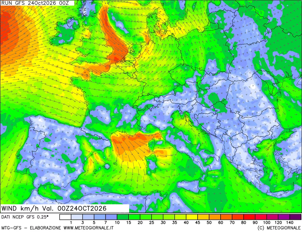 mappa 10 m Vento forza e direzione