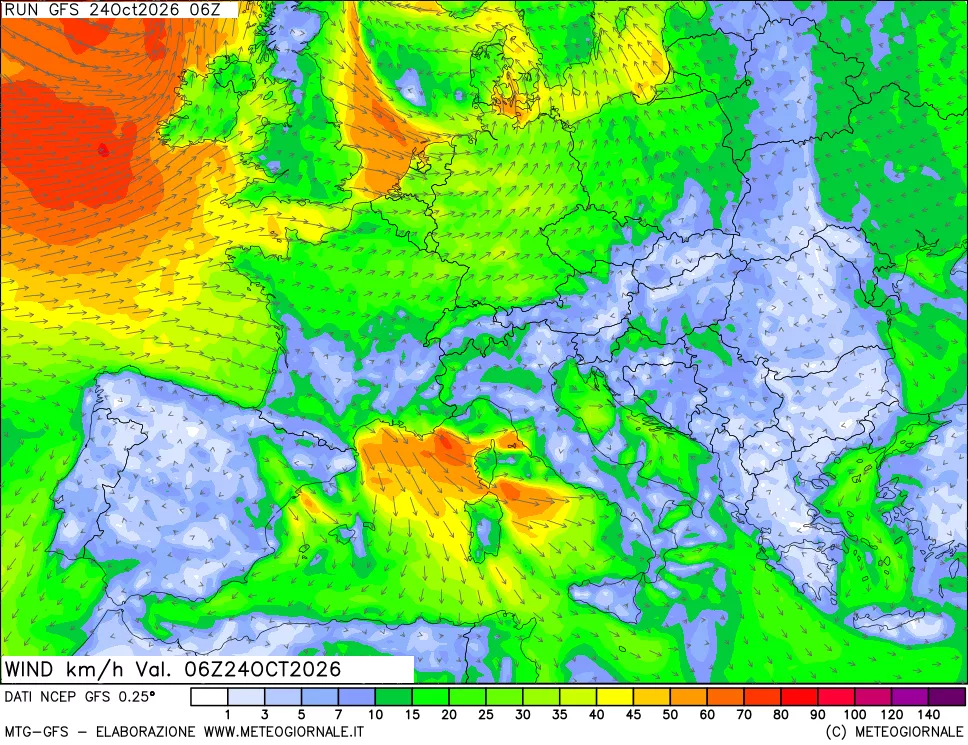 mappa 10 m Vento forza e direzione