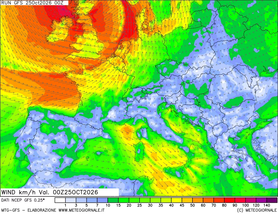 mappa 10 m Vento forza e direzione
