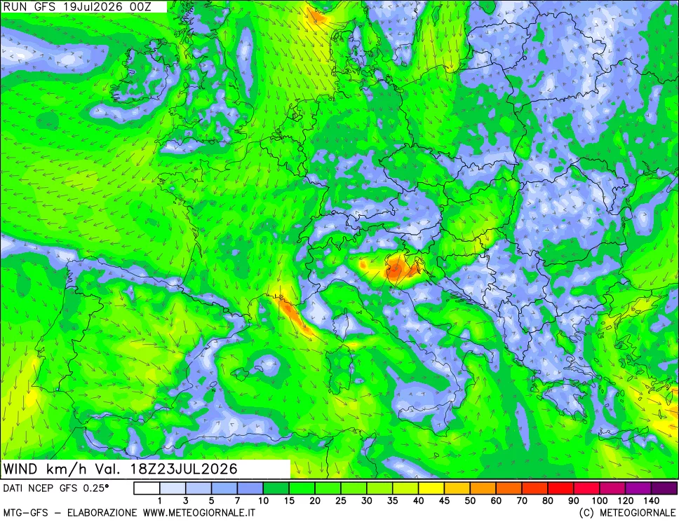 mappa 10 m Vento forza e direzione