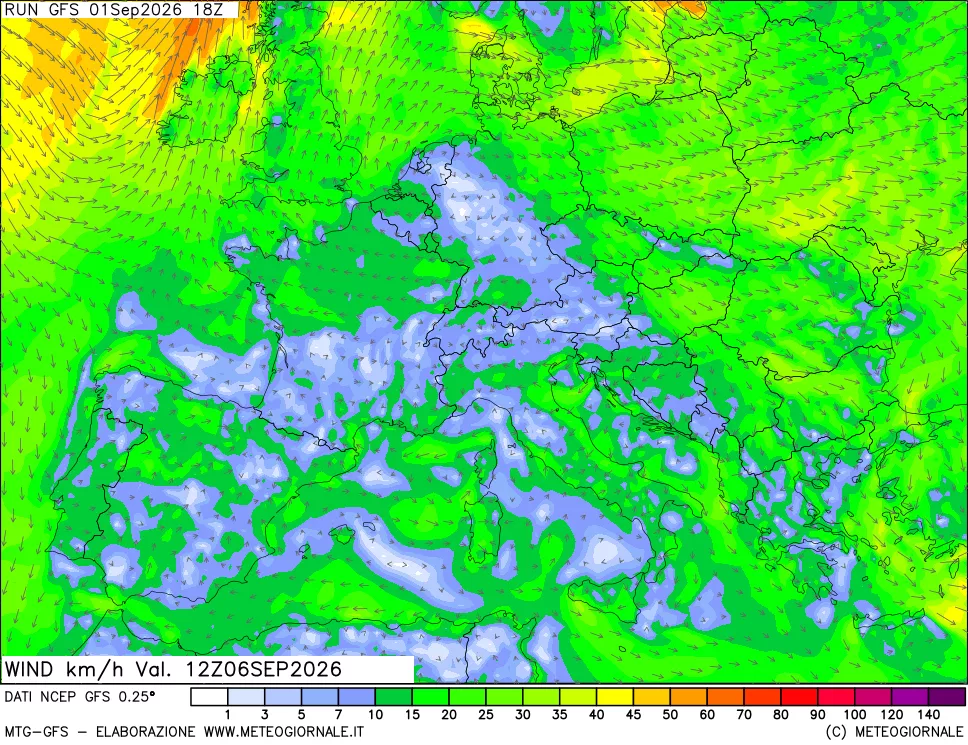 mappa 10 m Vento forza e direzione