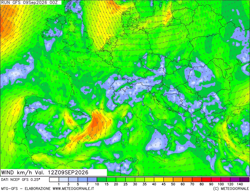 mappa 10 m Vento forza e direzione
