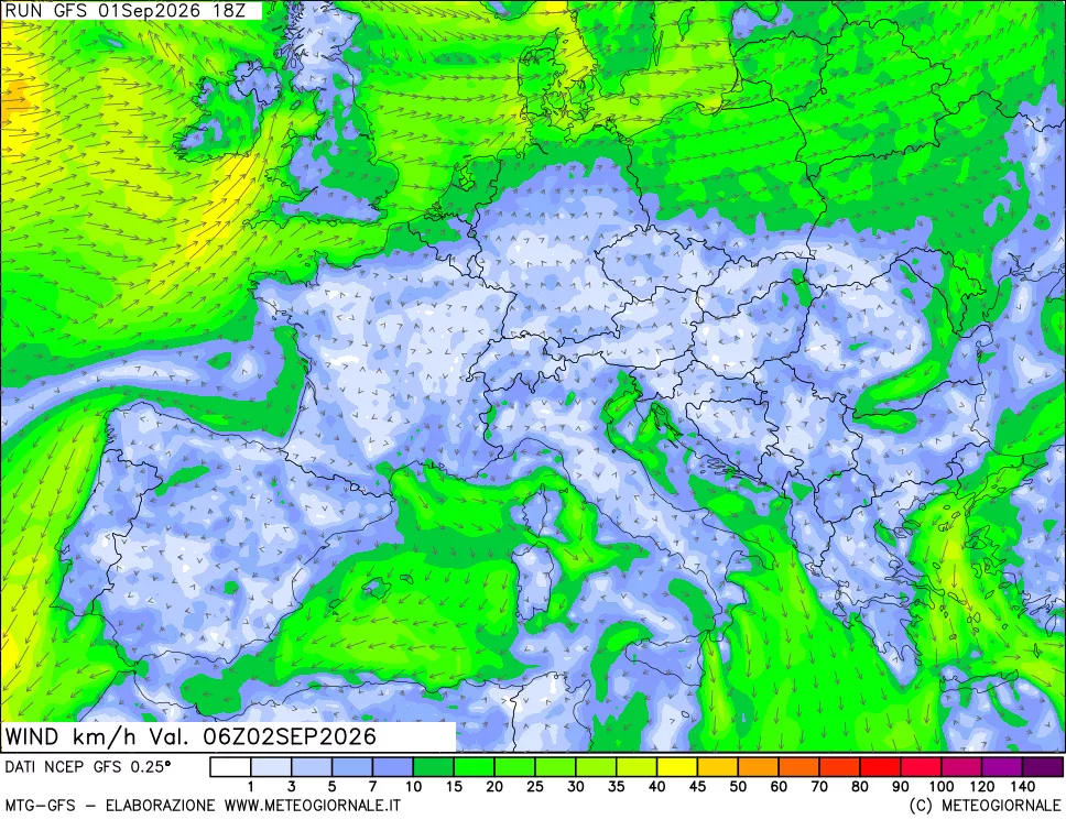 mappa 10 m Vento forza e direzione