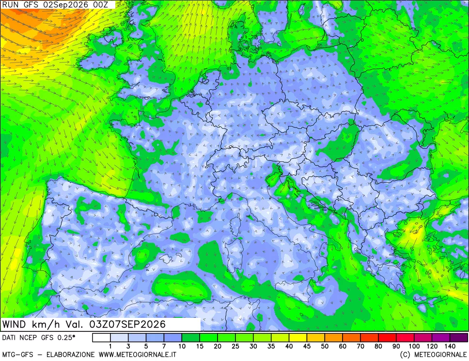 mappa 10 m Vento forza e direzione