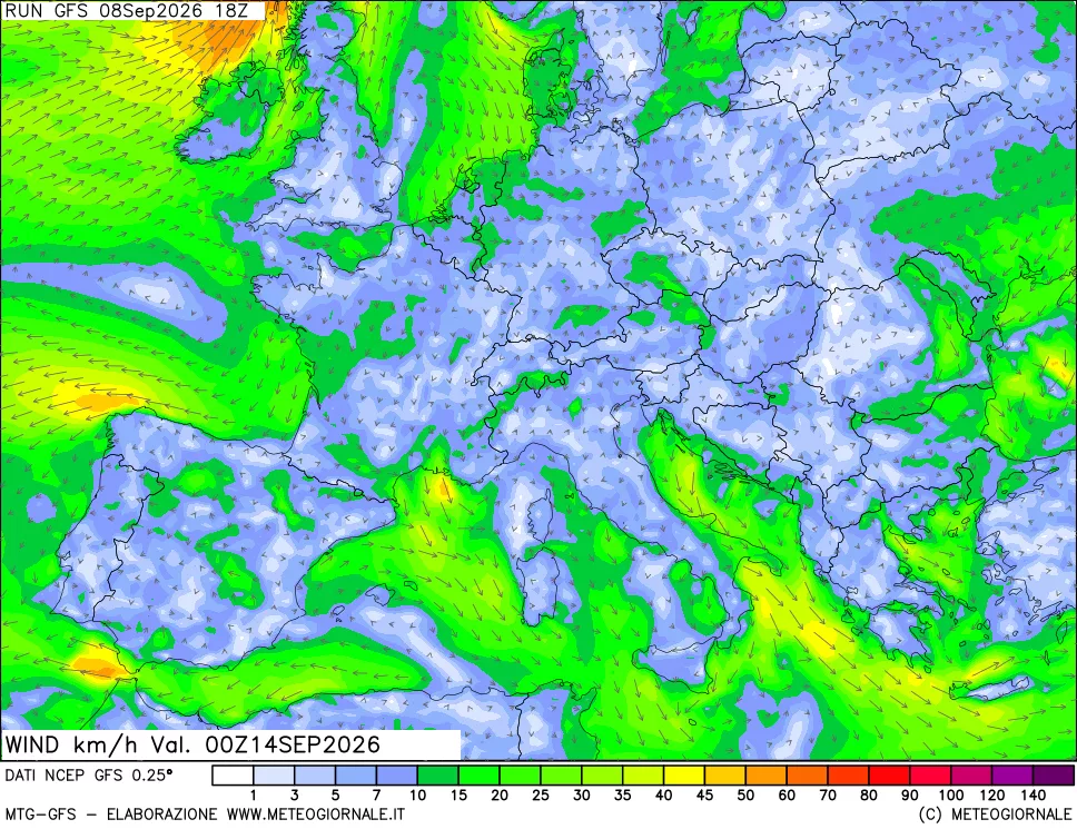 mappa 10 m Vento forza e direzione