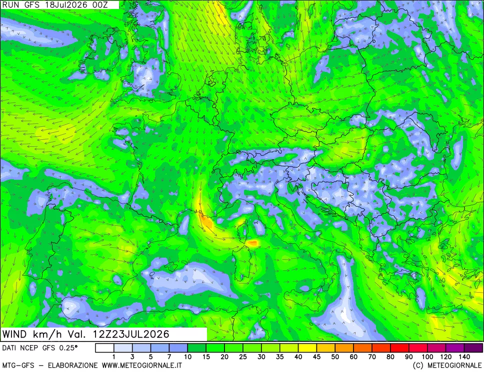 mappa 10 m Vento forza e direzione