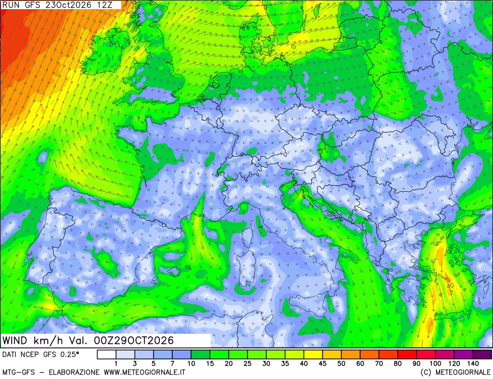 mappa 10 m Vento forza e direzione