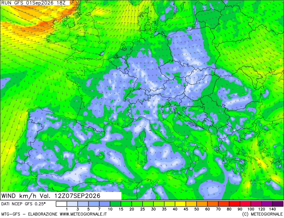 mappa 10 m Vento forza e direzione