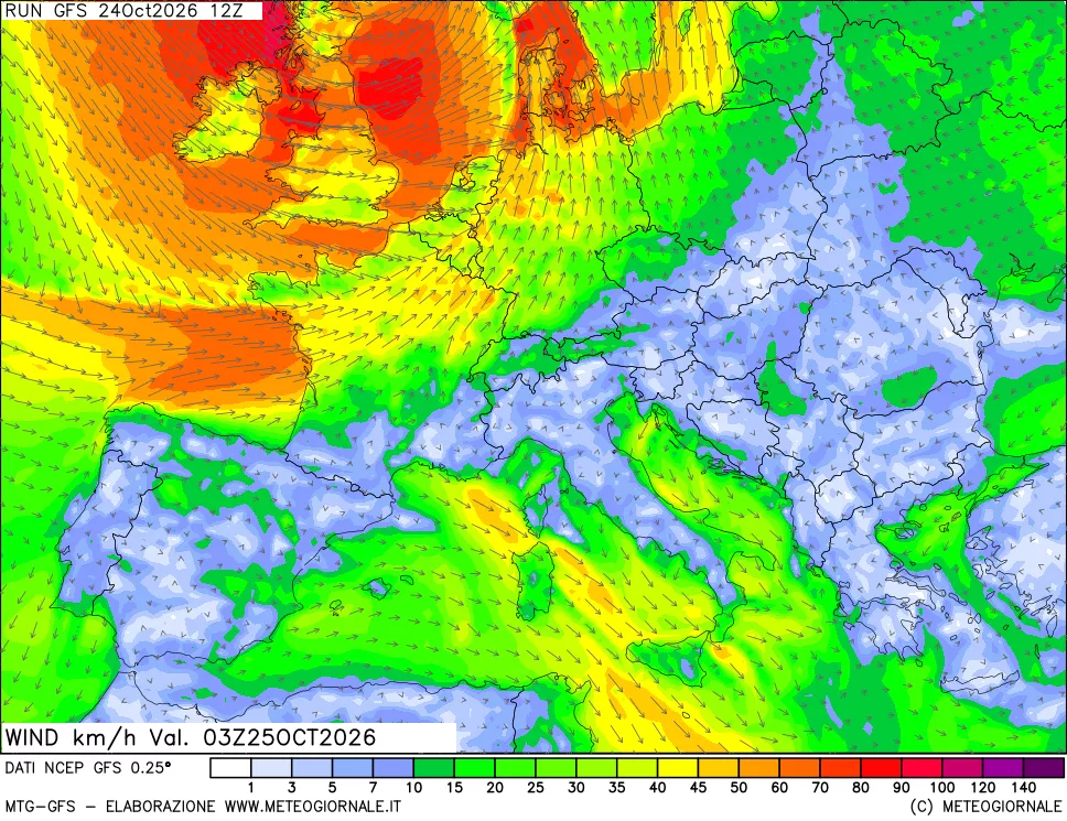 mappa 10 m Vento forza e direzione