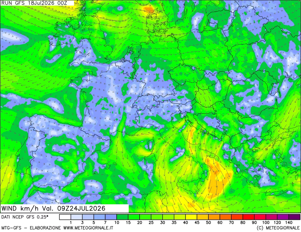 mappa 10 m Vento forza e direzione