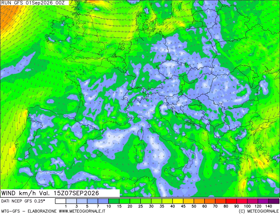 mappa 10 m Vento forza e direzione