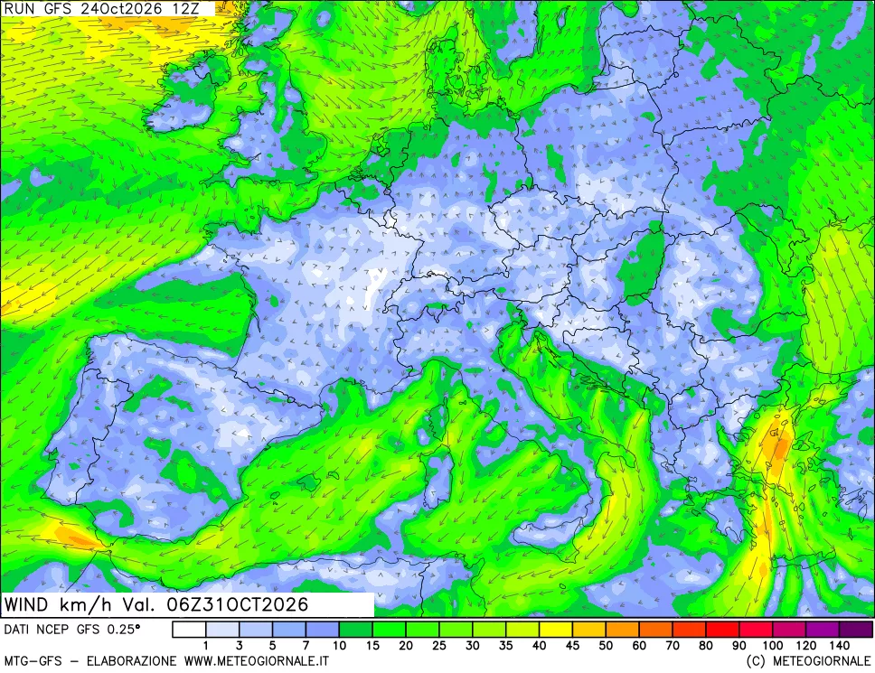 mappa 10 m Vento forza e direzione