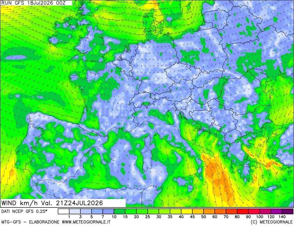 mappa 10 m Vento forza e direzione