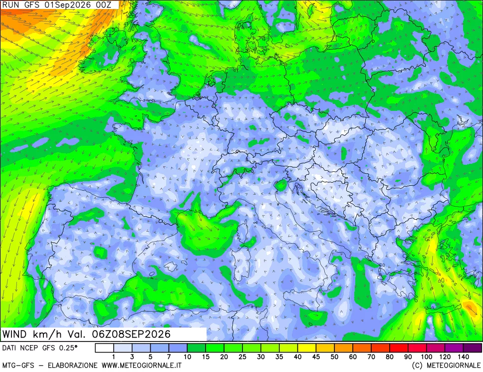 mappa 10 m Vento forza e direzione