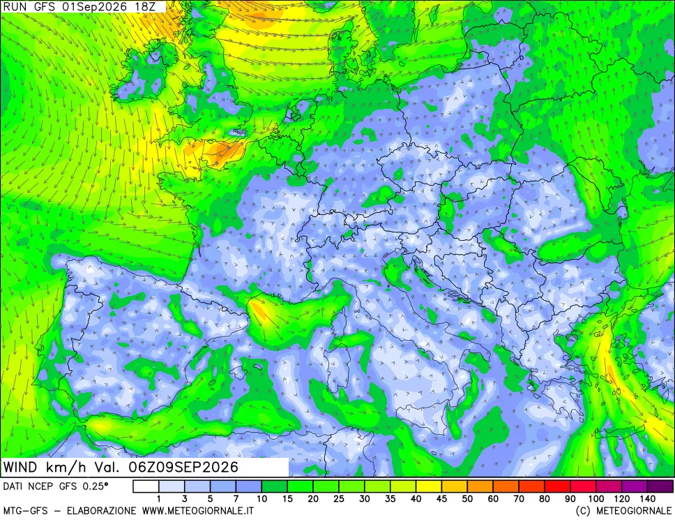 mappa 10 m Vento forza e direzione