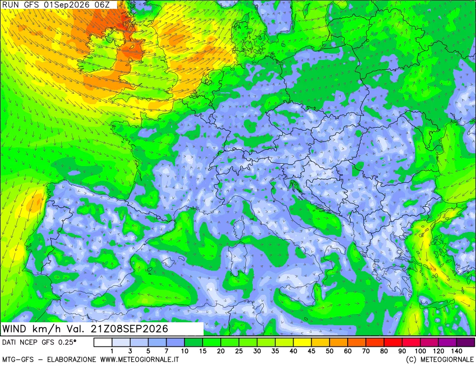 mappa 10 m Vento forza e direzione