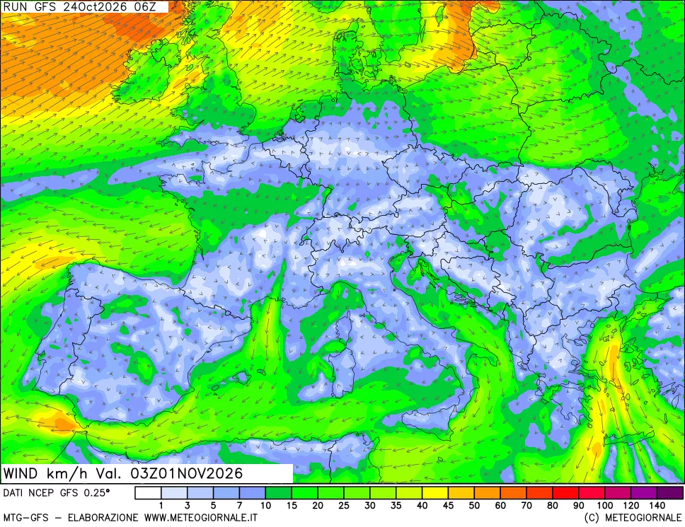 mappa 10 m Vento forza e direzione
